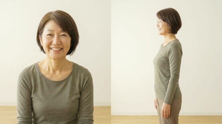 「ほっと、りらっくす整体」で肩甲骨はがしなどのケアを受け、リフレッシュしたお客様のイメージ画像です。50代の女性が明るい笑顔で正面を向いている姿と、横向きで背筋をすっきりと伸ばして立っている姿が並んでいます。
